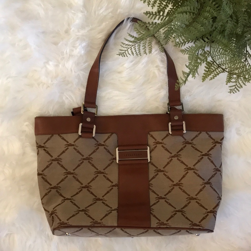 LONGCHAMP Print Tote Genuine Leather Trim & Straps EUC Barely Used - Authentic!